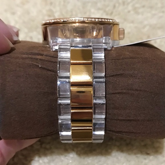 🆕🔥MICHAEL KORS BEZEL BAGUETTE GORGEOUS ROSE GOLD&CLEAR LINK STYLISH WATCH NWT! - Picture 7 of 16